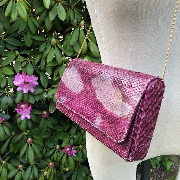 Vtg Purple Python Snakeskin Gold Chain Clutch Bag - Picture 7 of 17